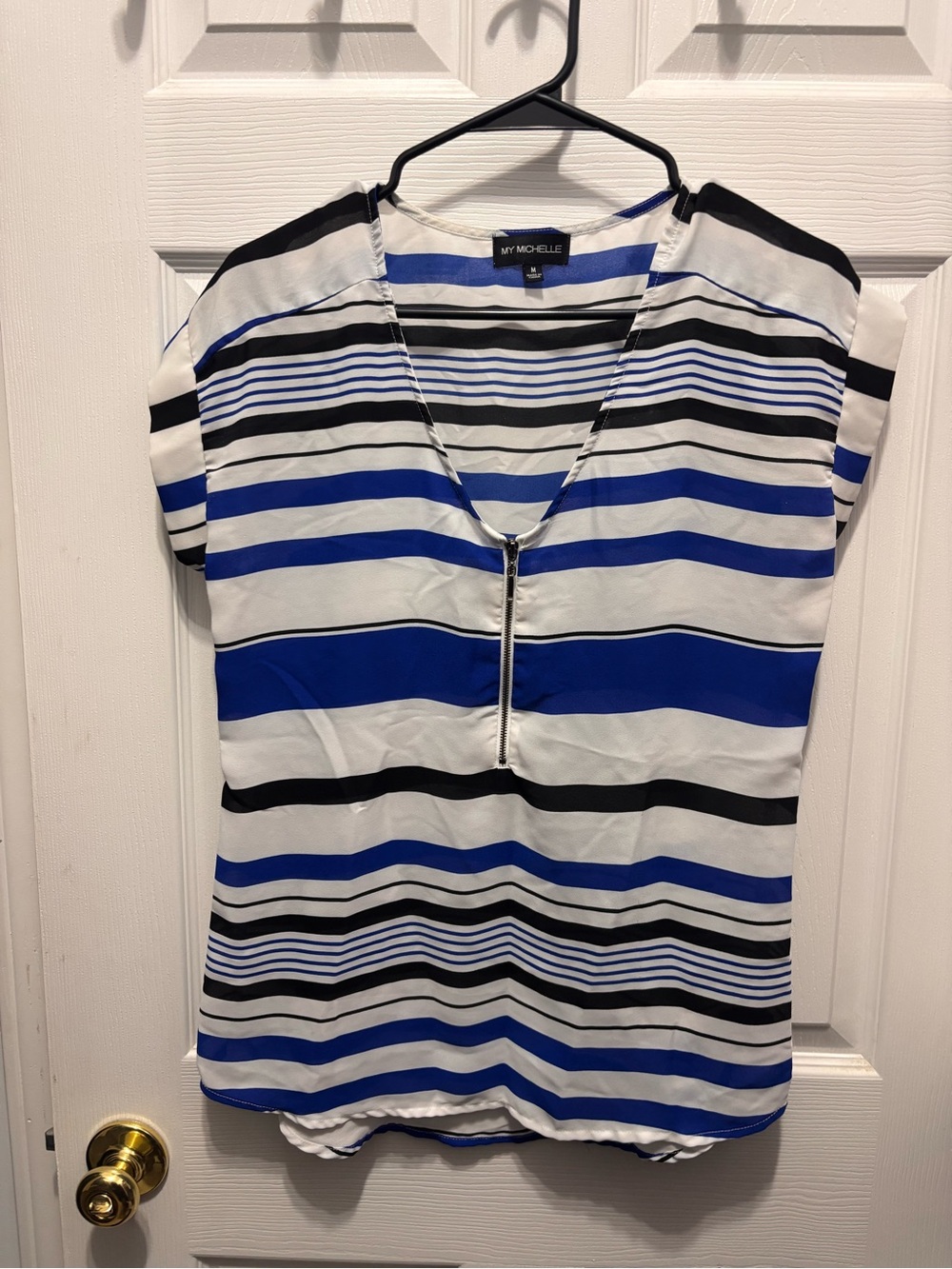 My Michelle Blue, Black & White Striped Zip V-Neck Blouse